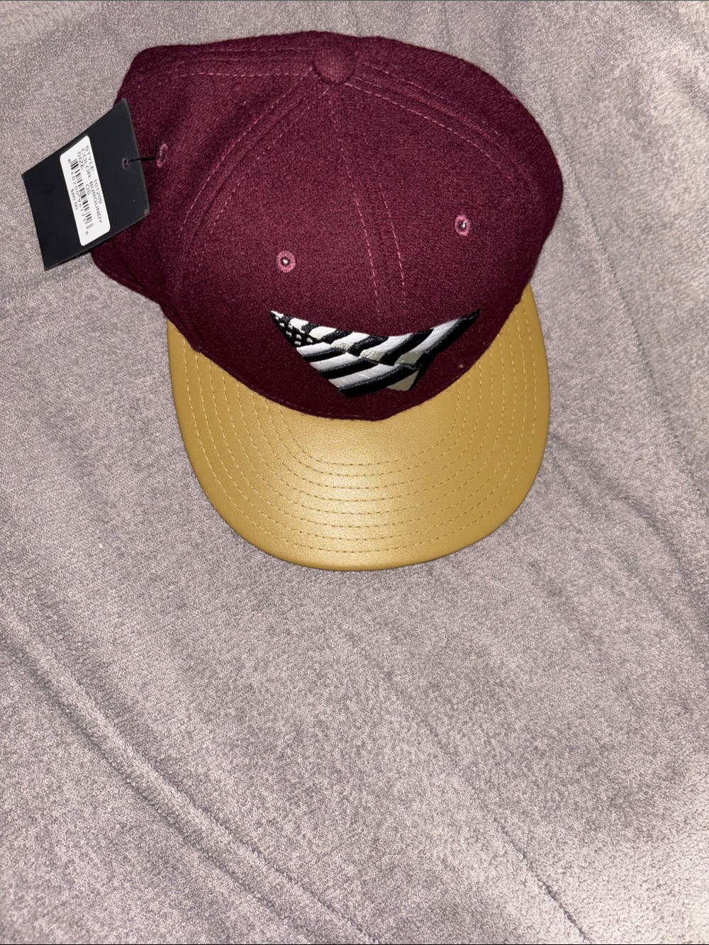 Men's Burgundy Snapback Cap with Tan Brim and Flag Patch